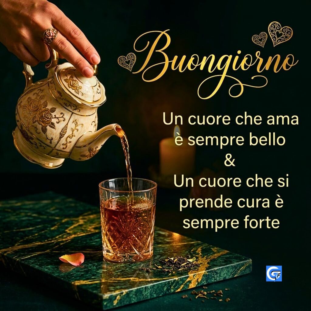 Tè versato in bicchiere da teiera dorata, testo: 'Buongiorno. Un cuore che ama è sempre bello & Un cuore che si prende cura è sempre forte'.