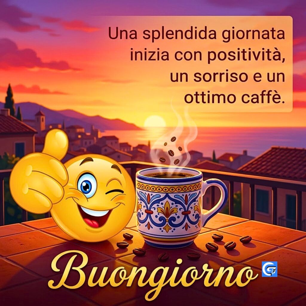 Emoji che ammicca, tazza di caffè decorata, testo "Una splendida giornata..." e "Buongiorno".