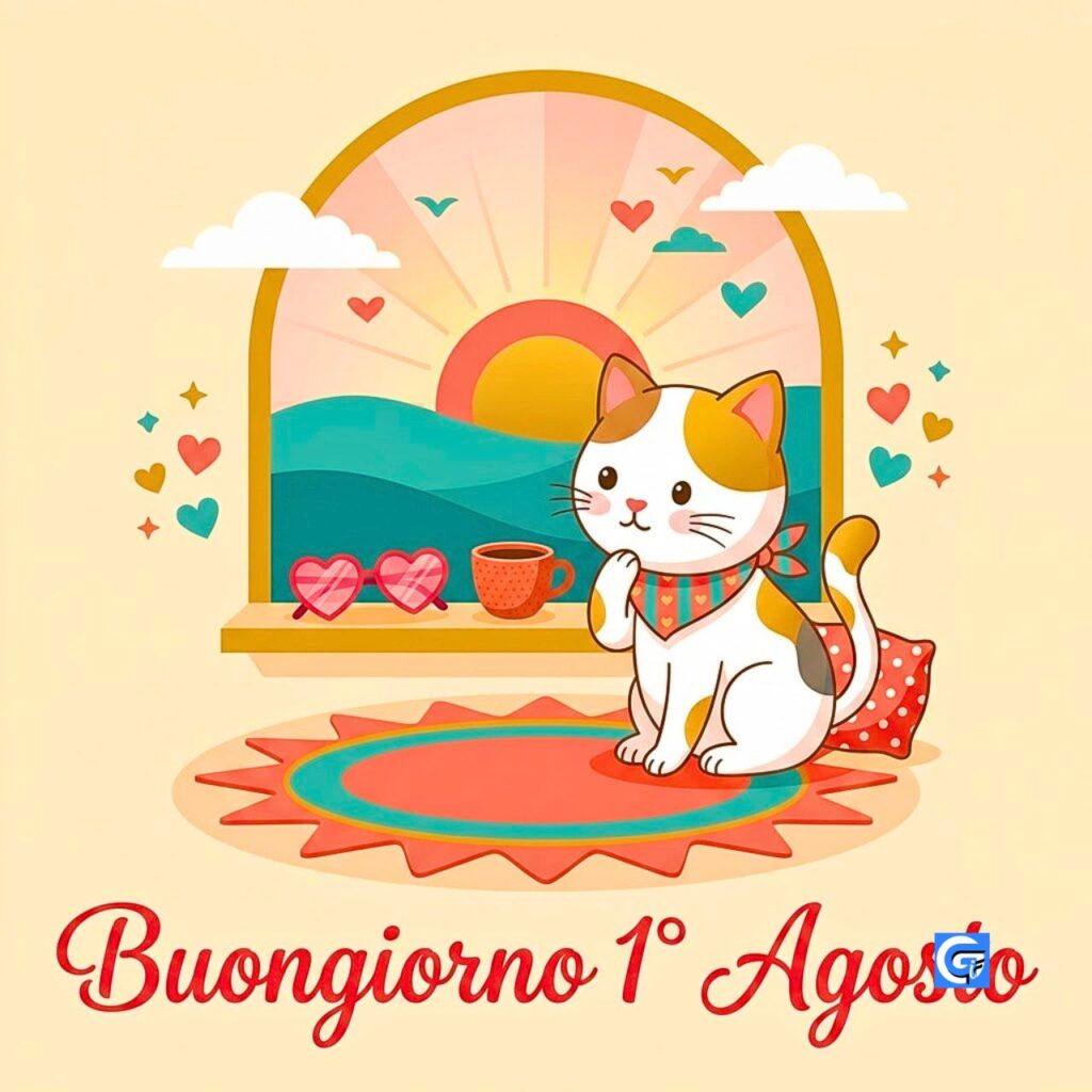 Gatto cute con occhiali a cuore e scritta elegante "Buongiorno 1&deg; Agosto".