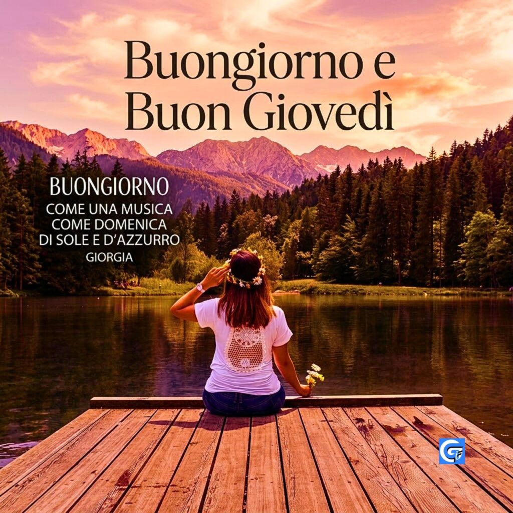 Donna con corona di fiori su un pontile lacustre con il testo Buongiorno e Buon Gioved&igrave;.
