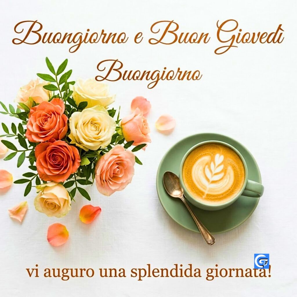 Mazzo di rose, tazza di caff&egrave; e scritte Buongiorno e Buon Gioved&igrave;.