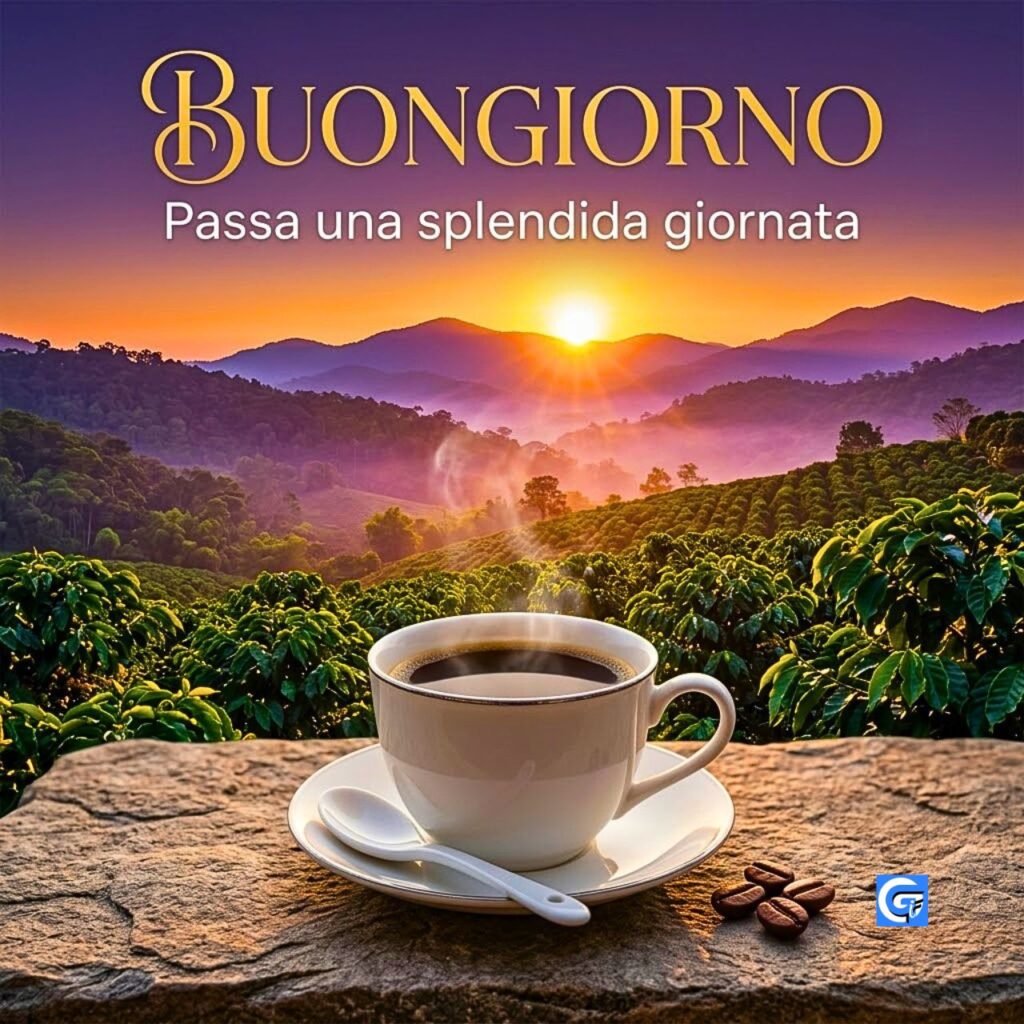 Tazza di caffè bianca rustica, chicchi e testo 'Buongiorno' e 'Passa una splendida giornata' all'alba.