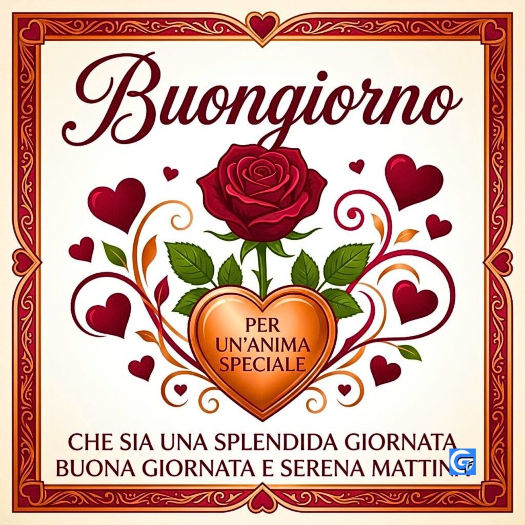 Cuore di rame-oro con testo 'Buongiorno' e 'PER UN'ANIMA SPECIALE', rosa cremisi e cuori.
