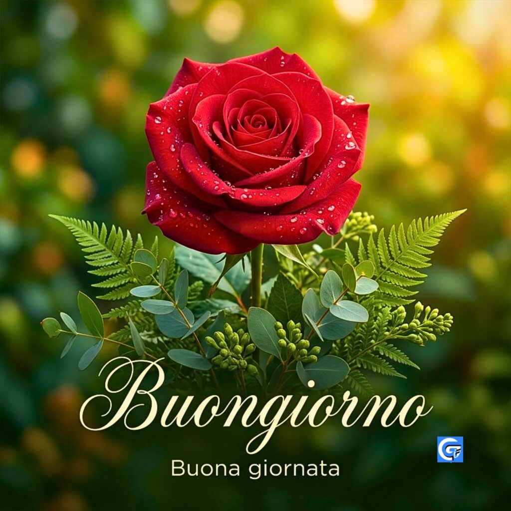 Dettagliata rosa rossa rugiadosa con elegante scritta Buongiorno.
