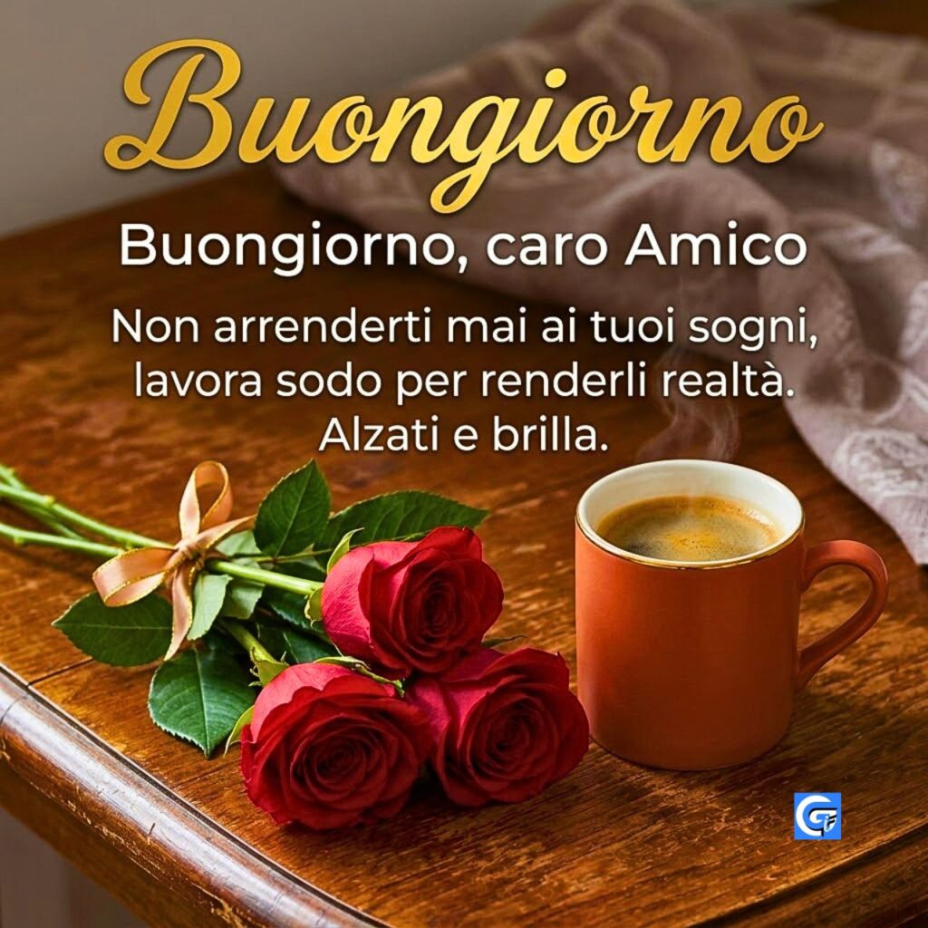Testo dorato Buongiorno, rose rosse e tazza di caffè caldo su legno rustico