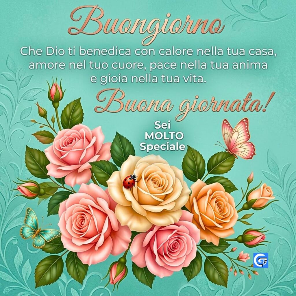 Un bouquet di rose rosa e crema con farfalle e testo 'Buongiorno' e benedizioni.