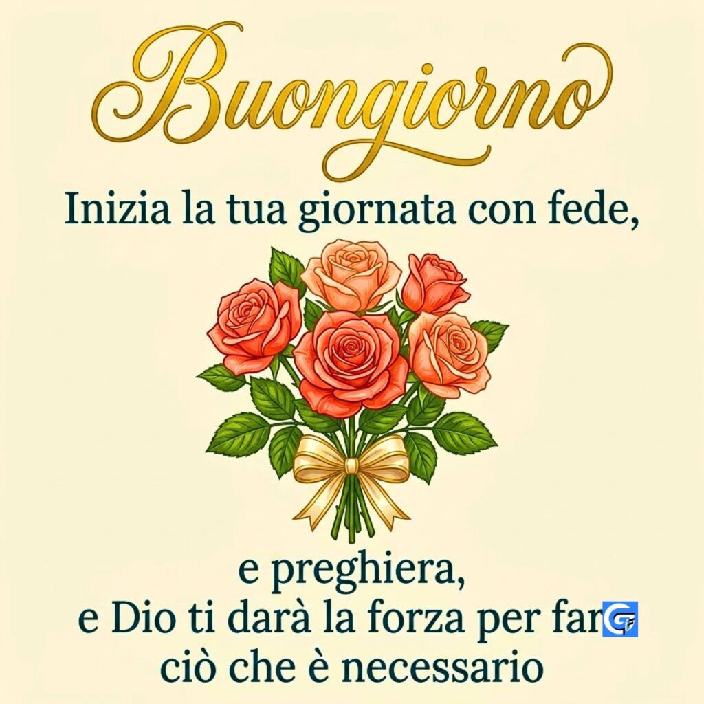 Cartolina con rose pesche, "BUONGIORNO" dorato e citazione: "Inizia la tua giornata con fede, e preghiera..."