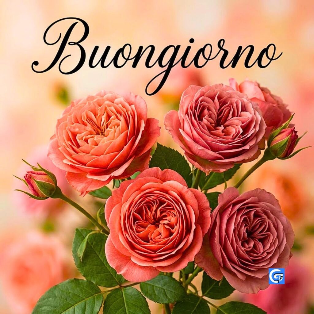 Elegante bouquet di rose rosa e corallo con la scritta Buongiorno in corsivo.