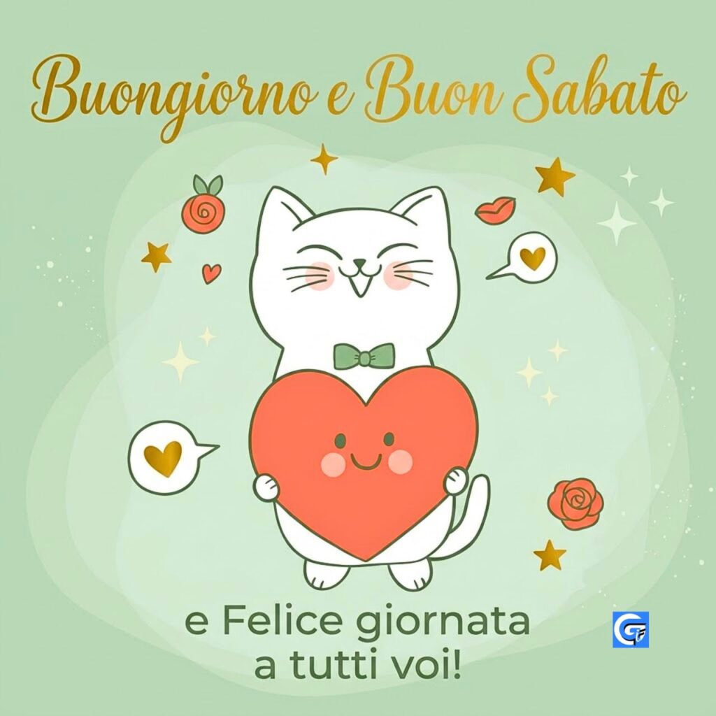 Gatto vettoriale che tiene un cuore sorridente, con testo 'Buongiorno e Buon Sabato' e 'e Felice giornata a tutti voi!'