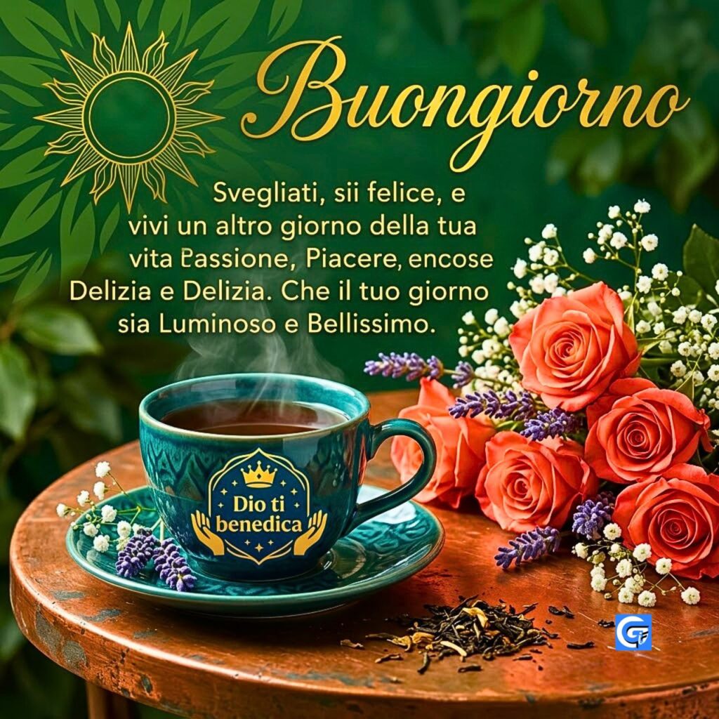 Tazza di tè fumante, rose color pesca e testo dorato "Buongiorno" con benedizione.