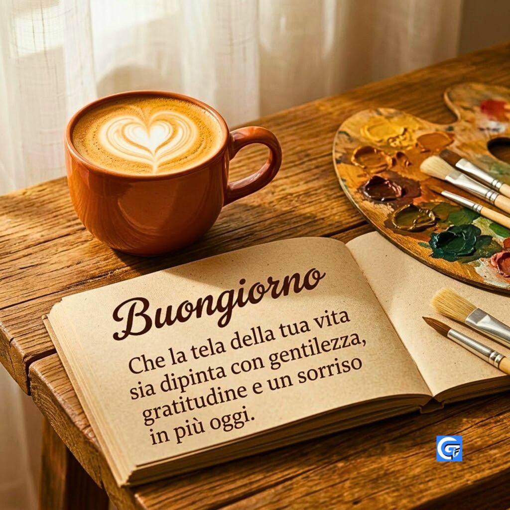 Tazza terracotta caffè latte con schiuma cuore, quaderno testo Buongiorno, tela vita gentilezza gratitudine sorriso.