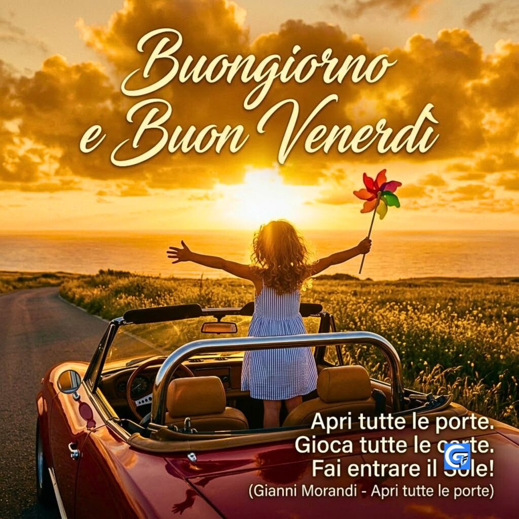 Ragazza in Spider rossa con girandola all'alba sul mare e il testo Buongiorno e Buon Venerd&igrave;.
