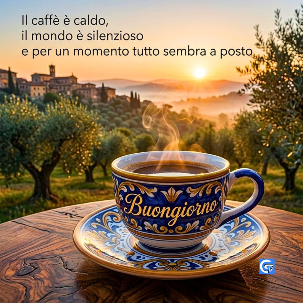 Tazza di caffè decorata fumante in paesaggio toscano con testi: Il caffè è caldo... e Buongiorno.