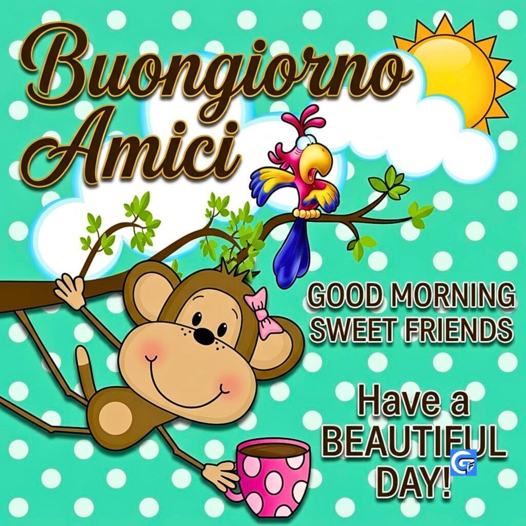Buongiorno Amici con scimmia e pappagallo su un ramo sotto il sole.