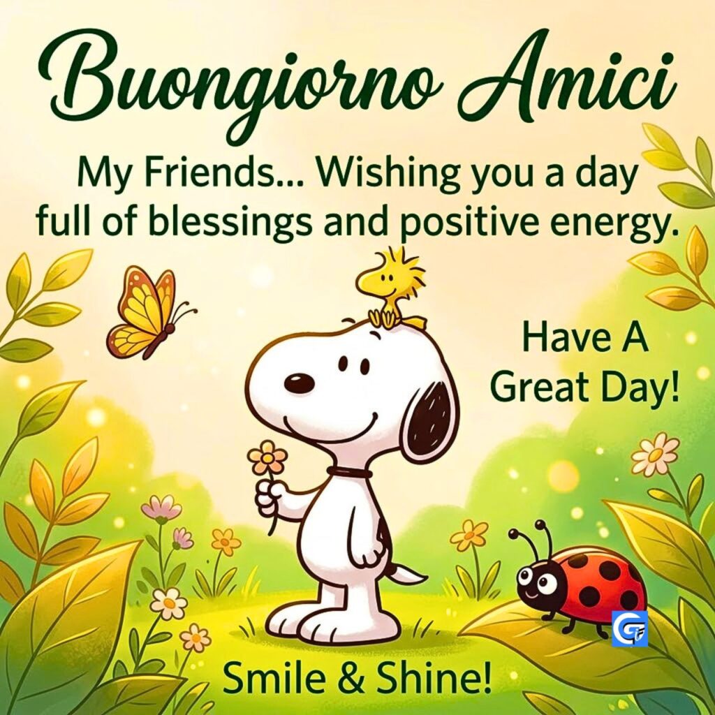 Cartolina quadrata con Snoopy, Woodstock e il testo Buongiorno Amici e citazioni inglesi