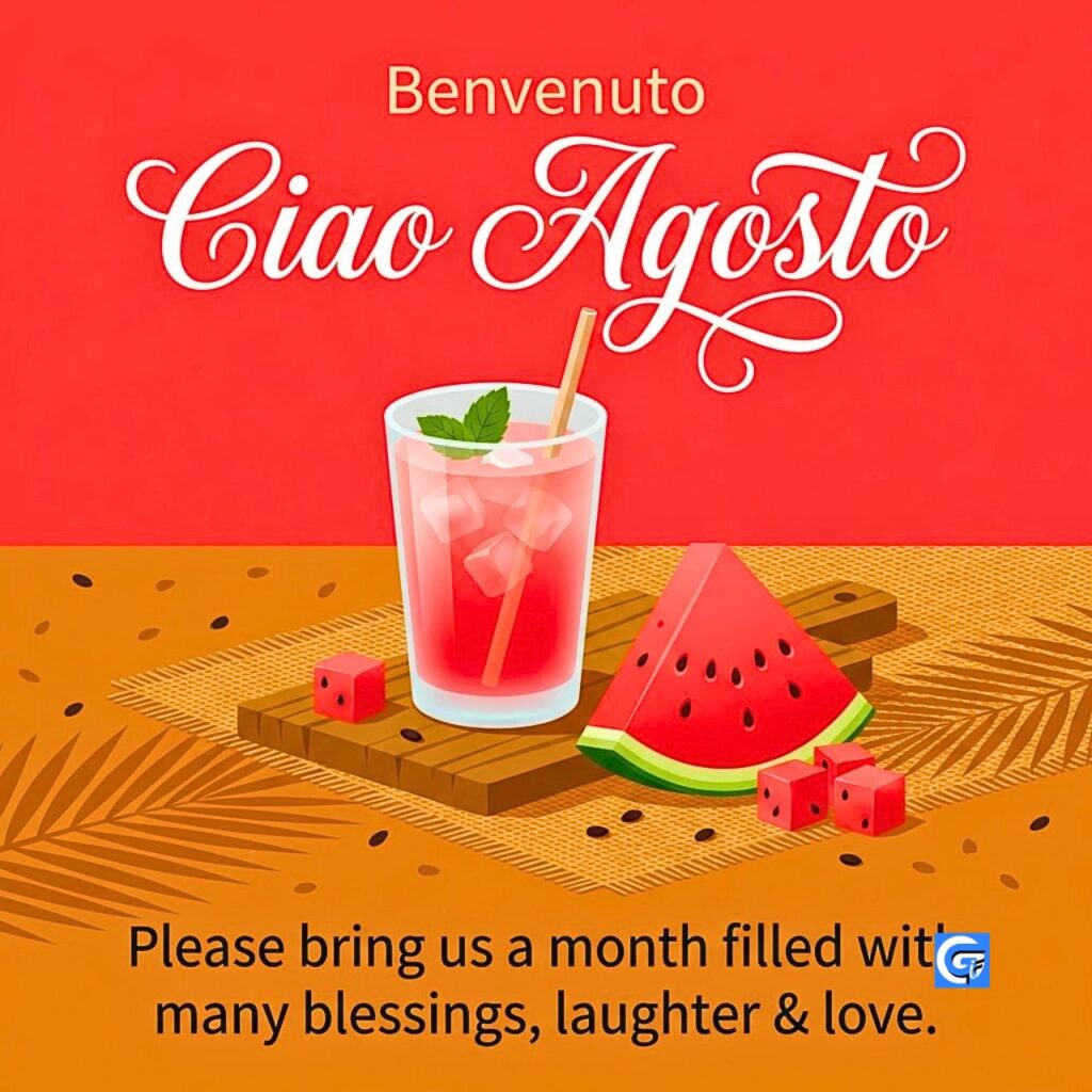 Cocktail anguria, fette, testo Benvenuto Ciao Agosto, quote in inglese Please bring us a month.
