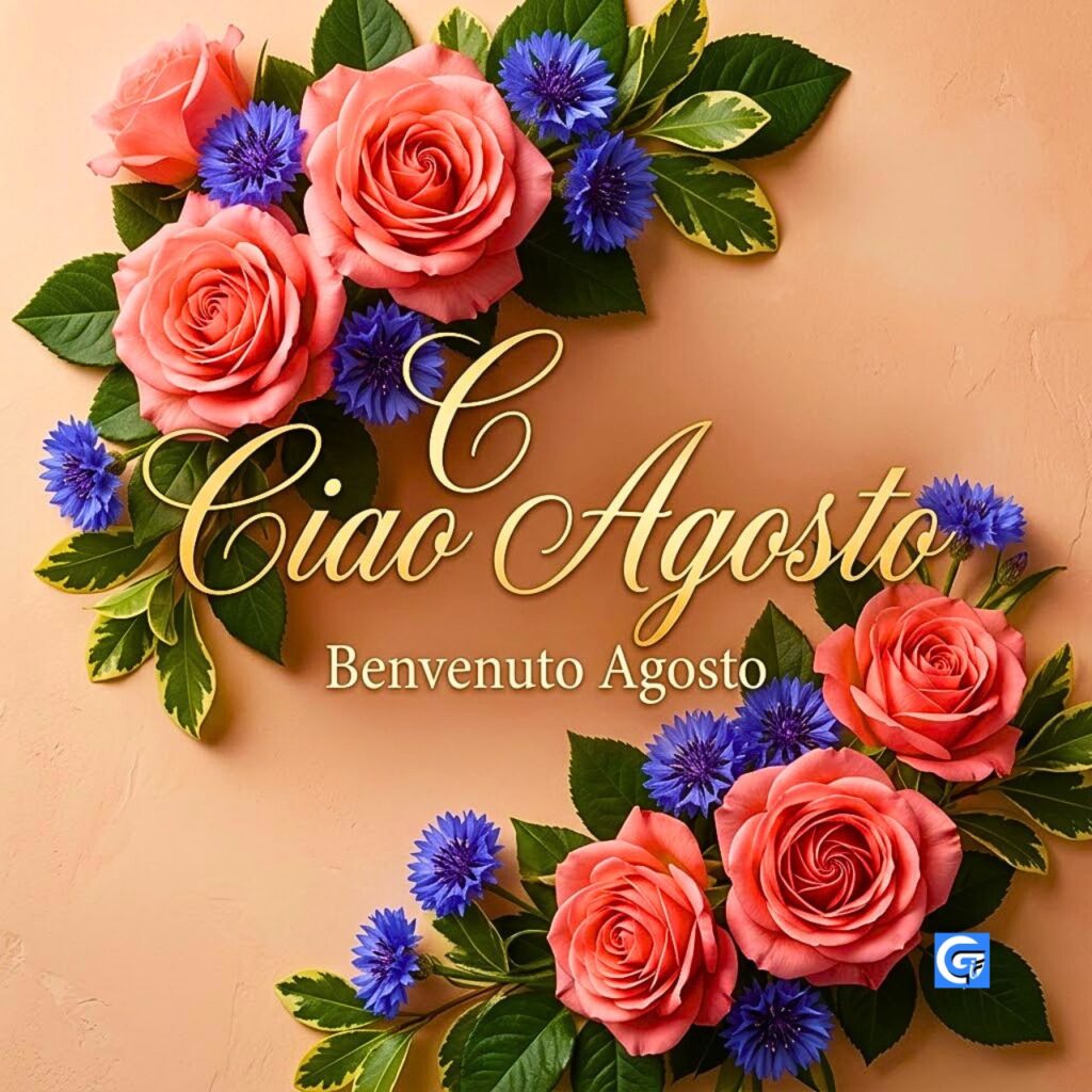 Rose corallo e fiordalisi blu con testo "Ciao Agosto" e "Benvenuto Agosto"