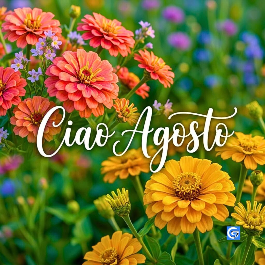 Vibrante campo di zinnie arancioni e gialle con il testo Ciao Agosto scritto in bianco al centro.