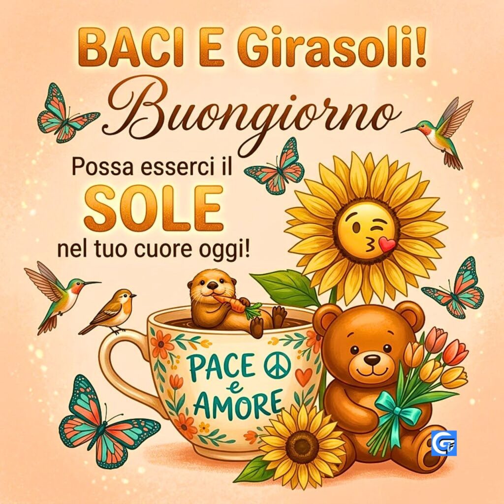 Cartolina illustrata con orsacchiotto, otter nella tazza, girasoli con emoji e testo Buongiorno.