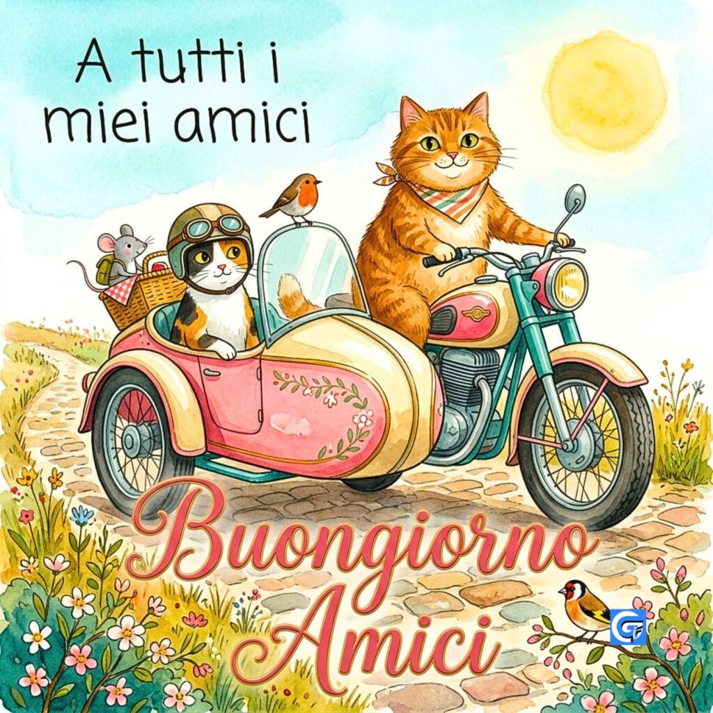 Gatti in sidecar tra i fiori con testo "Buongiorno Amici" e "A tutti i miei amici"