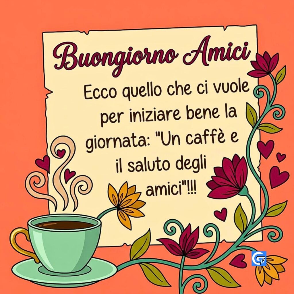 Illustrazione con pergamena, tazza di caff&egrave;, fiori e testo 'Buongiorno Amici' e auguri.