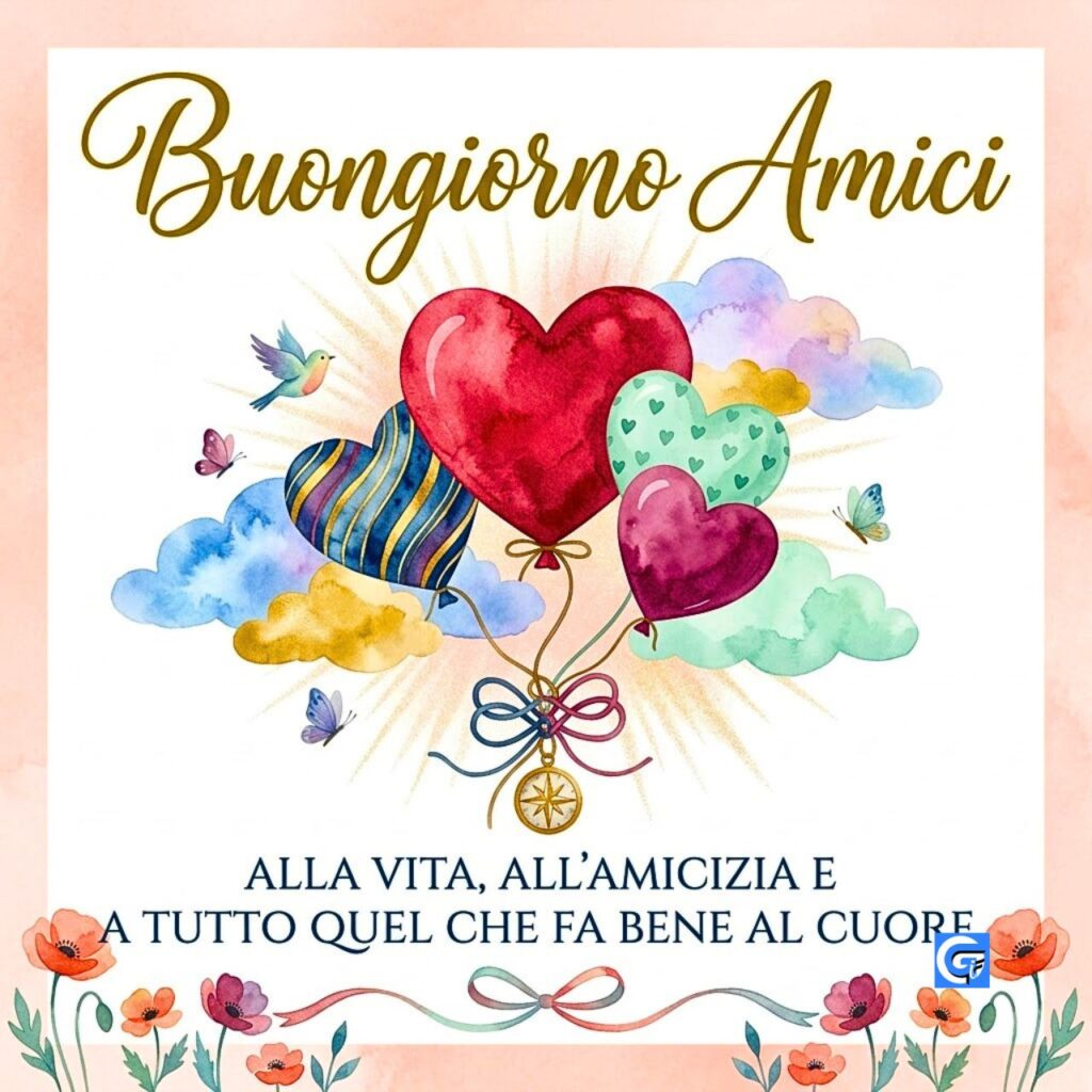 Quattro palloncini a cuore watercolor e testo: Buongiorno Amici, ALLA VITA, ALL'AMICIZIA E A TUTTO QUEL CHE FA BENE AL CUORE.