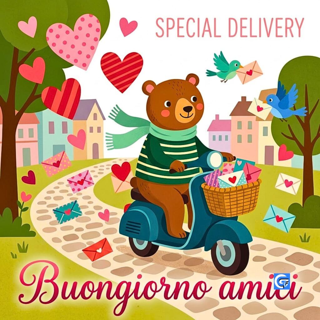 Orso in scooter che consegna lettere e cuori. Testo: "SPECIAL DELIVERY" e "Buongiorno amici"