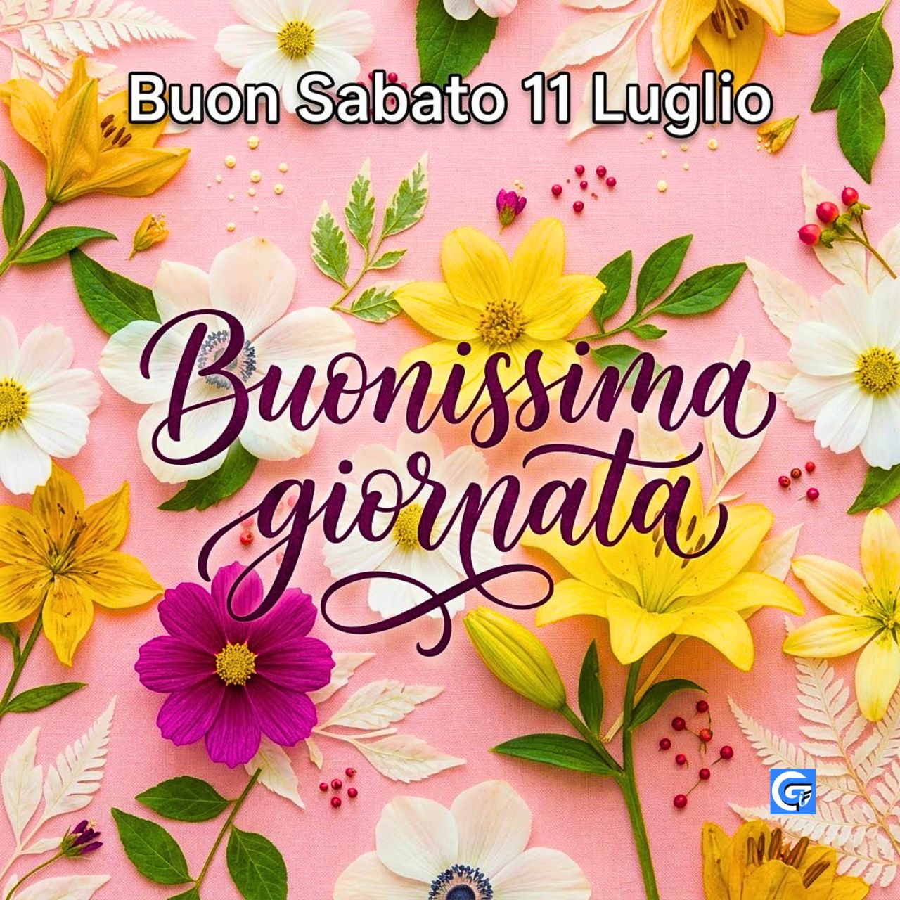 Immagine luminosa e allegra con caff&egrave; e fiori per augurare un buon sabato 11 luglio e un felice buongiorno su WhatsApp