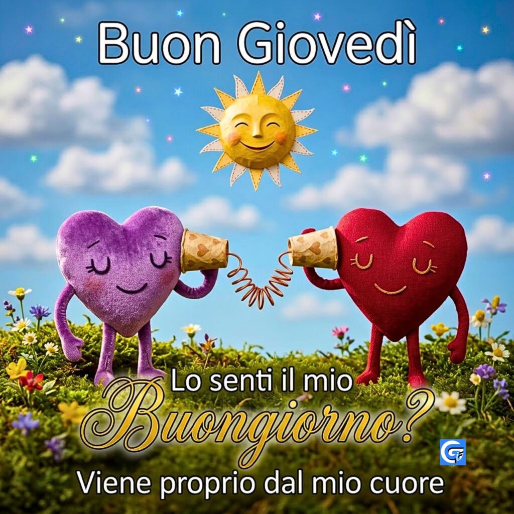 Cuori peluche al telefono. Scritta: Buon Gioved&igrave;. Lo senti il mio Buongiorno?