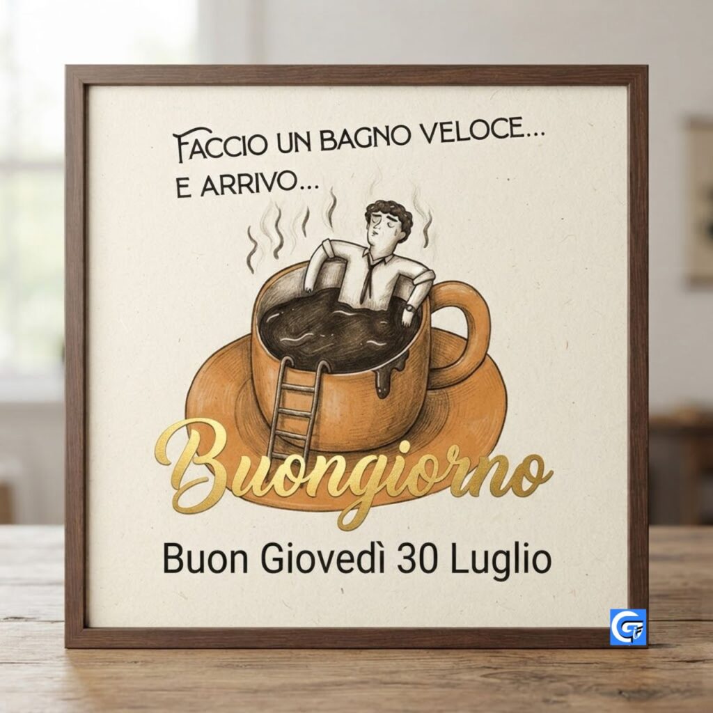 Uomo in tazza di caff&egrave; fumante. Testo: Faccio un bagno veloce... Buongiorno Buon Gioved&igrave;.