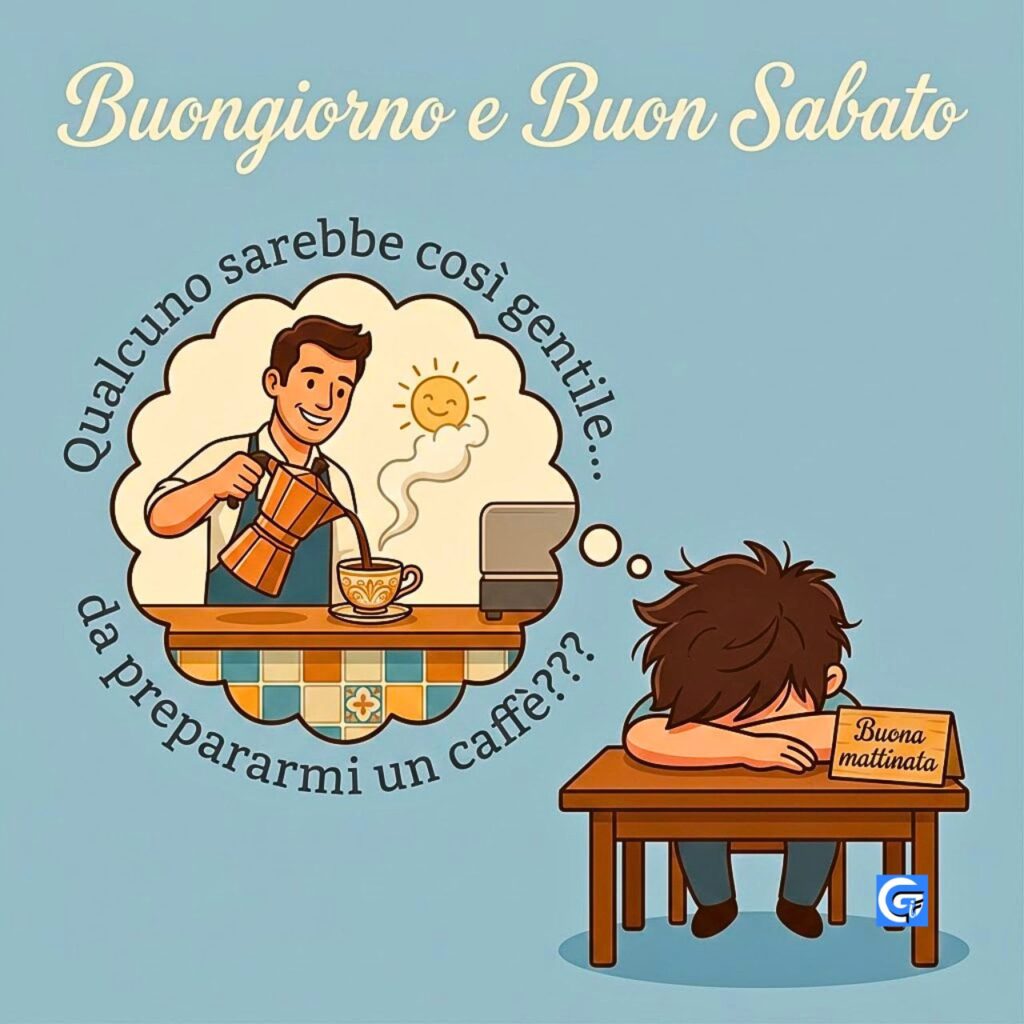 Ragazzo addormentato alla scrivania con fumetto sul caff&egrave;, testo Buongiorno e Buon Sabato.