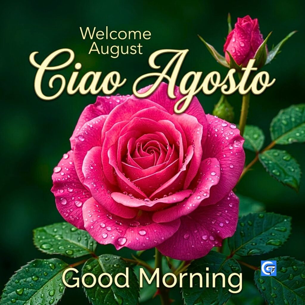 Rosa rosa con gocce di rugiada e testo "Welcome August Ciao Agosto Good Morning".