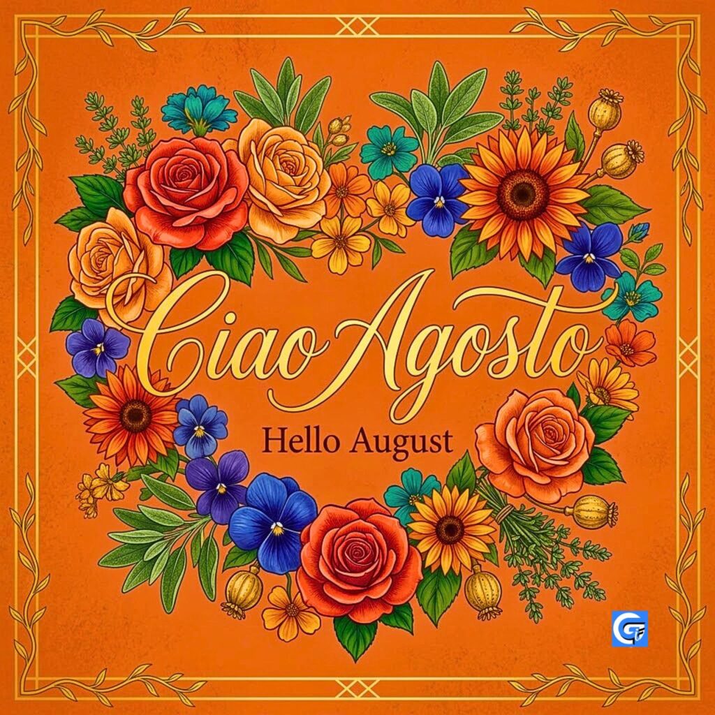 Cuore di fiori e rose con testo calligrafico "Ciao Agosto" e "Hello August".