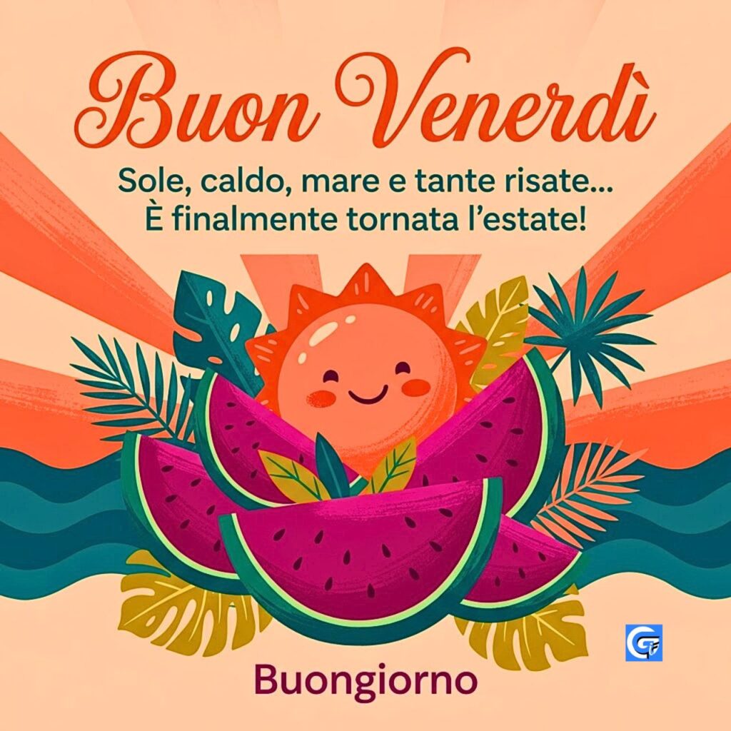 Illustrazione vettoriale piatta con sole sorridente, anguria, foglie tropicali e testo Buon Venerdì Buongiorno Sole caldo mare risate.