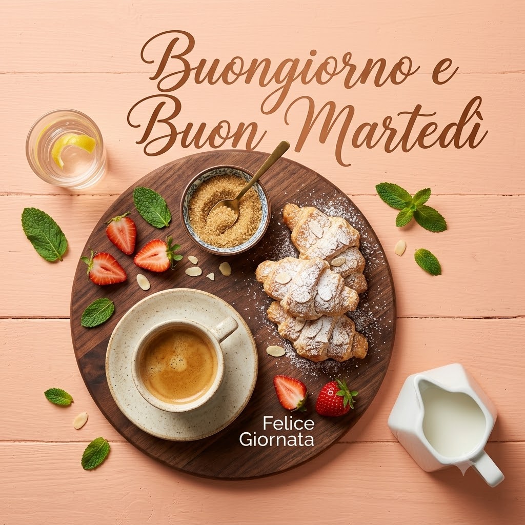 Colazione con caff&egrave;, cornetti, fragole e il testo Buongiorno e Buon Marted&igrave; e Felice Giornata.