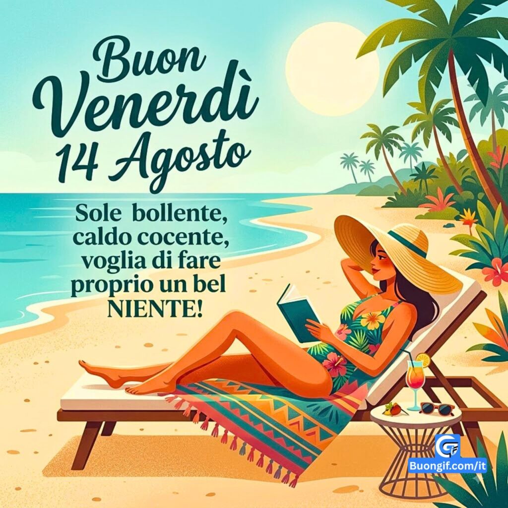 Illustrazione vintage di donna che legge in spiaggia con testo Buon Venerd&igrave; 14 Agosto
