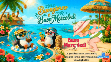 Pinguini in piscina tropicale con drink e testo floreale Buongiorno e Buon Mercoledì