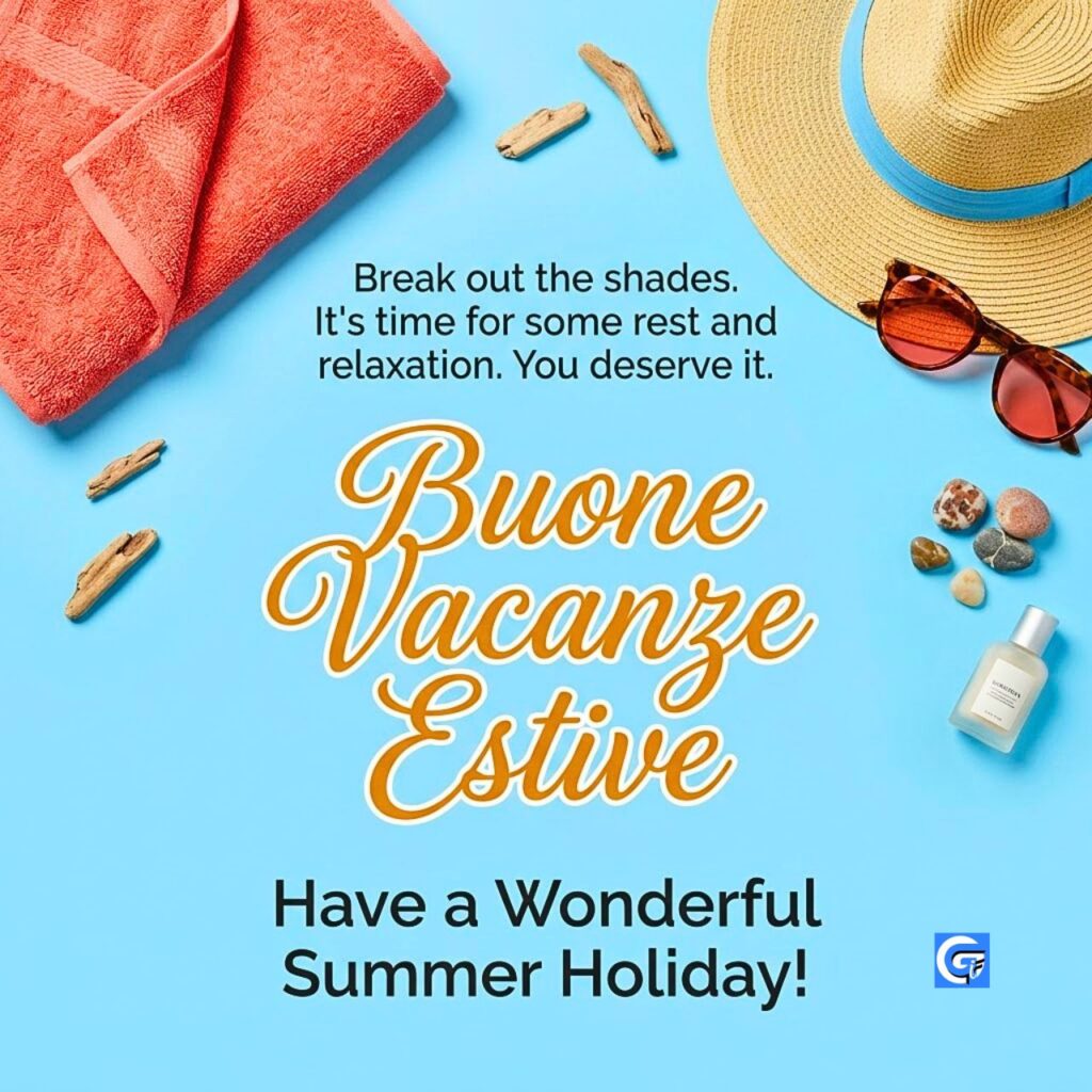 Poster flat-lay su sfondo azzurro con asciugamano corallo, cappello di paglia, occhiali da sole e testo Buone Vacanze Estive.