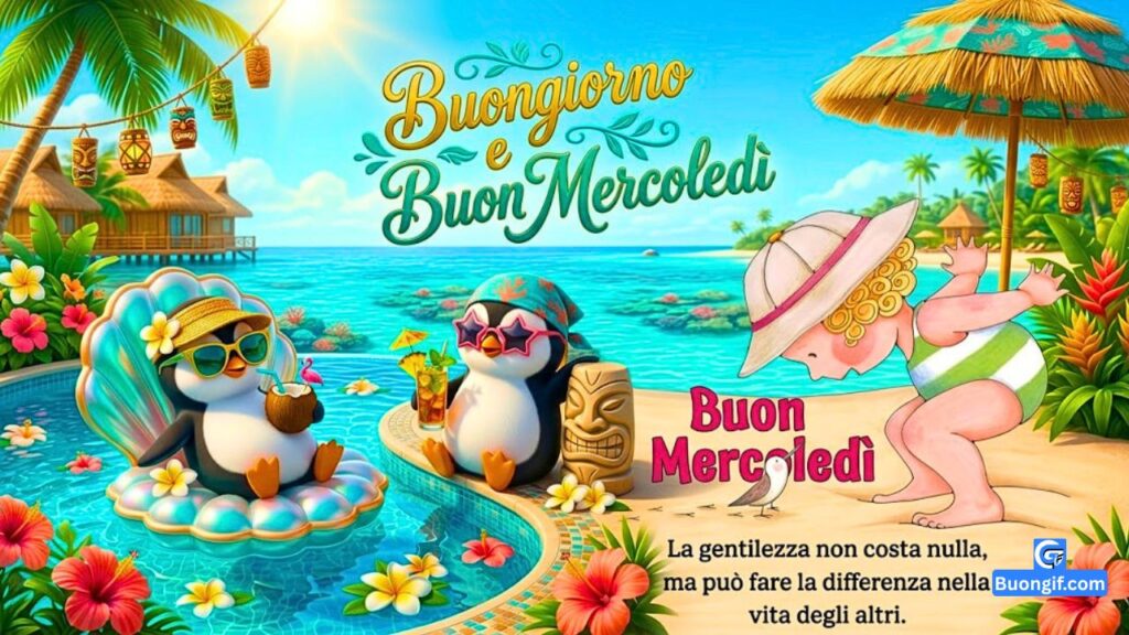 Due pinguini tropicali e un bambino in spiaggia con saluto 'Buongiorno e Buon Mercoledì'.