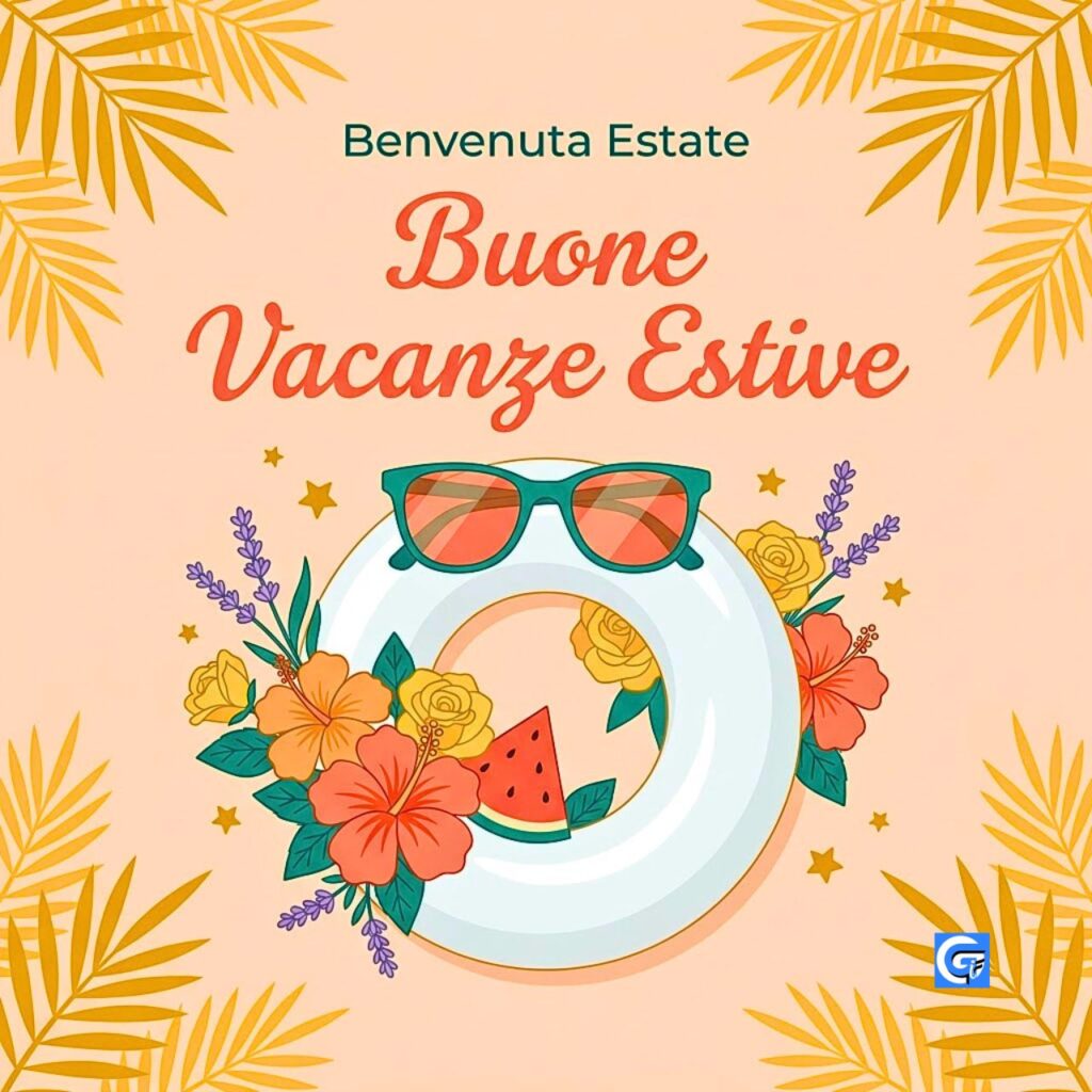 Una cartolina vector con anello di salvataggio, occhiali da sole, anguria e fiori con il testo Buone Vacanze Estive.