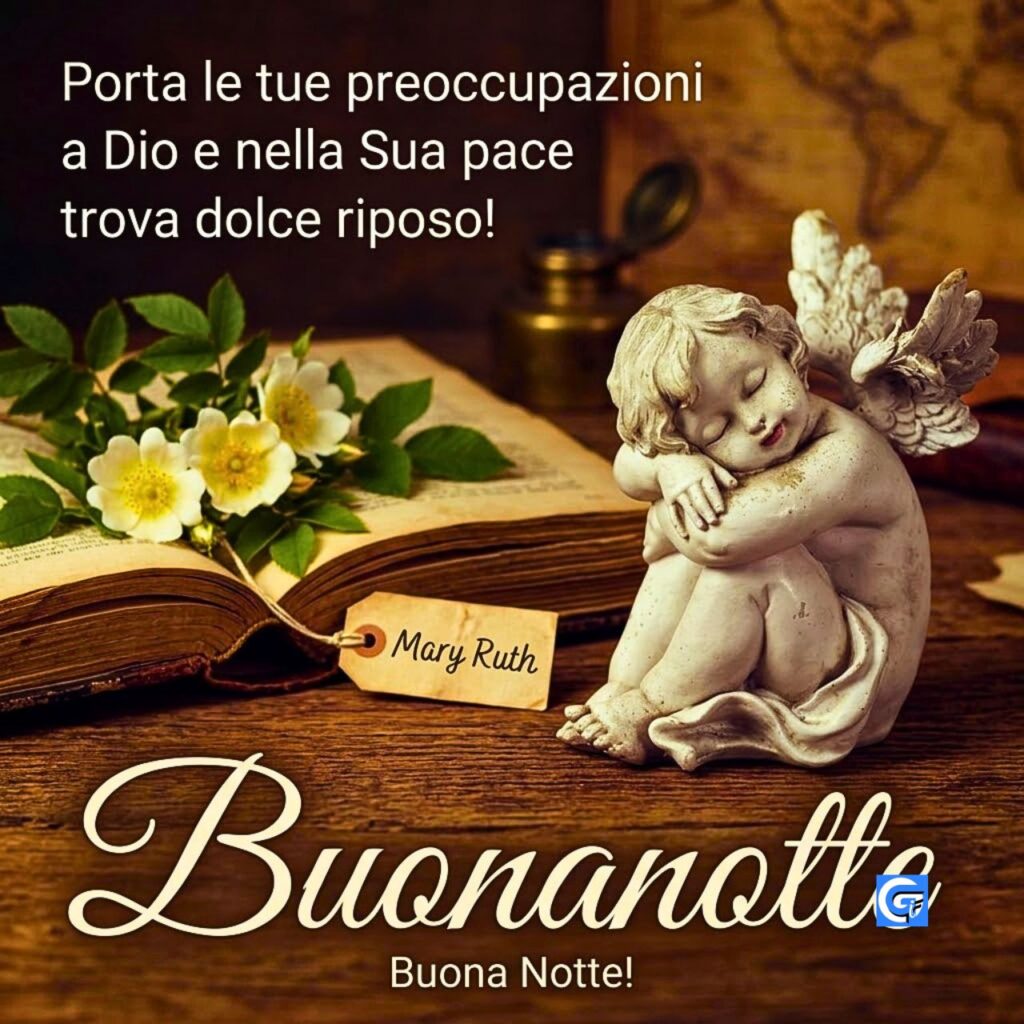Angelo dormiente con rose e testi: Porta le tue preoccupazioni a Dio, Mary Ruth, Buonanotte.