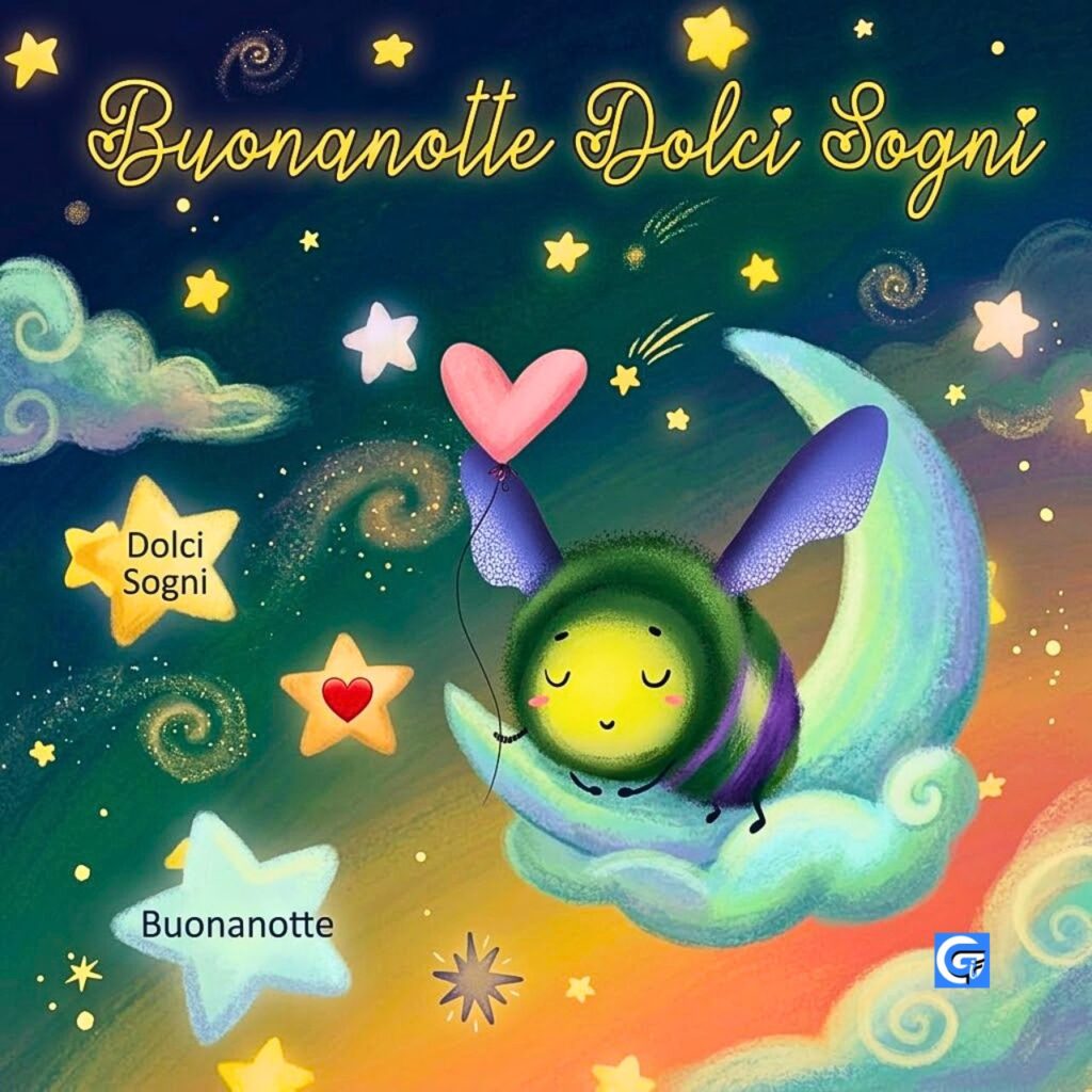 Ape stilizzata addormentata su una nuvola tra cuori e stelle con testo Buonanotte Dolci Sogni