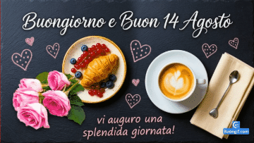Alba su un prato fiorito con path e testo 'È arrivato il nuovo giorno! Una nuova luce e un nuovo sole illuminano il nostro mondo!' e 'Buon 14 Agosto'.