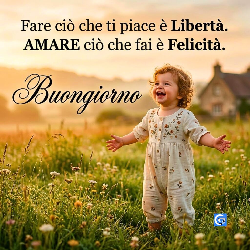 Bambino sorridente in prato con fiori e testo italiano 'Buongiorno', quote libert&agrave; e felicit&agrave;.
