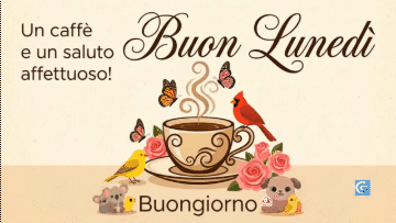 Banner flat vector con tazza di caffè, uccelli, rose e testo Buon Lunedì e Buongiorno
