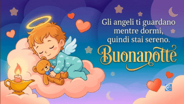 Illustrazione banner 16:9 di angelo e orsetto dormienti su nuvole con testo Buonanotte e preghiera in italiano.