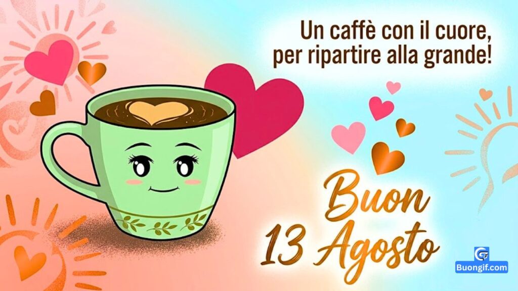 Illustrazione banner kawaii 16:9 di una tazza di caff&egrave; verde pallido con viso carino, cuore di latte art e il testo calligrafico Buon 13 Agosto, circondata da soli stilizzati e cuori rosa e arancioni.