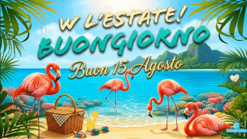 Banner tropicale con fenicotteri sulla sabbia e testo Buon 15 Agosto e Buongiorno.