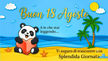 Banner estivo paper-cut con panda, cuore, palme e testo Buon 18 Agosto.