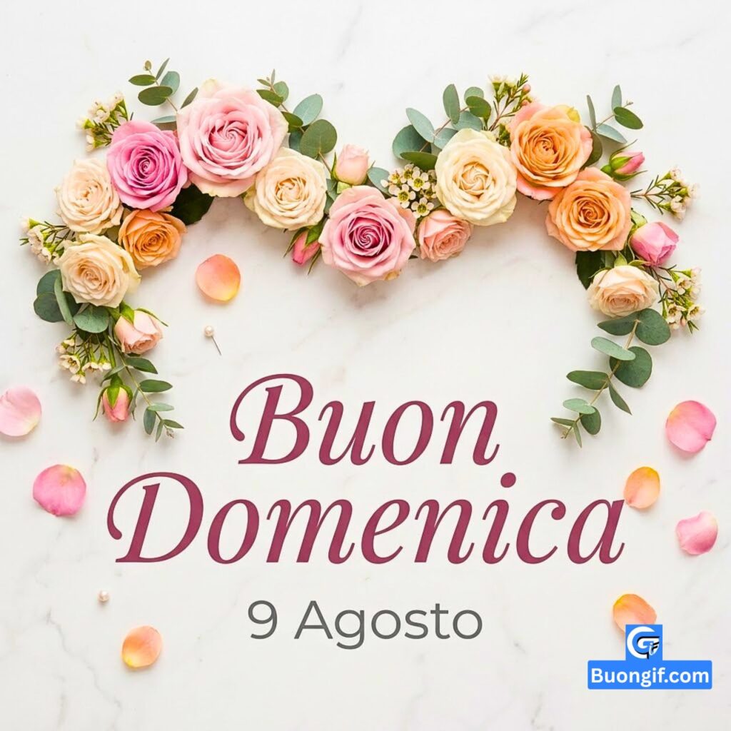 Arco di rose pastello su marmo bianco con il testo Buon Domenica 9 Agosto.